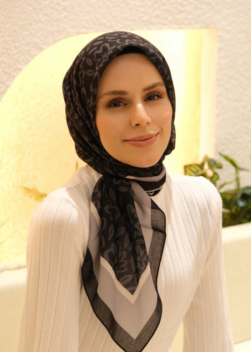 Flora Line Square Scarf - Black Gray