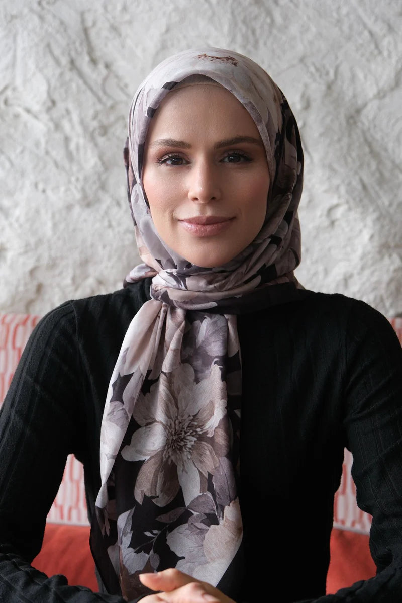Velvet Bloom Square Scarf - Black Beige