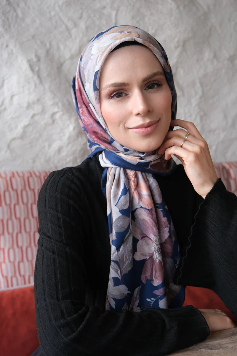 Velvet Bloom Square Scarf - Colorful Navy Blue