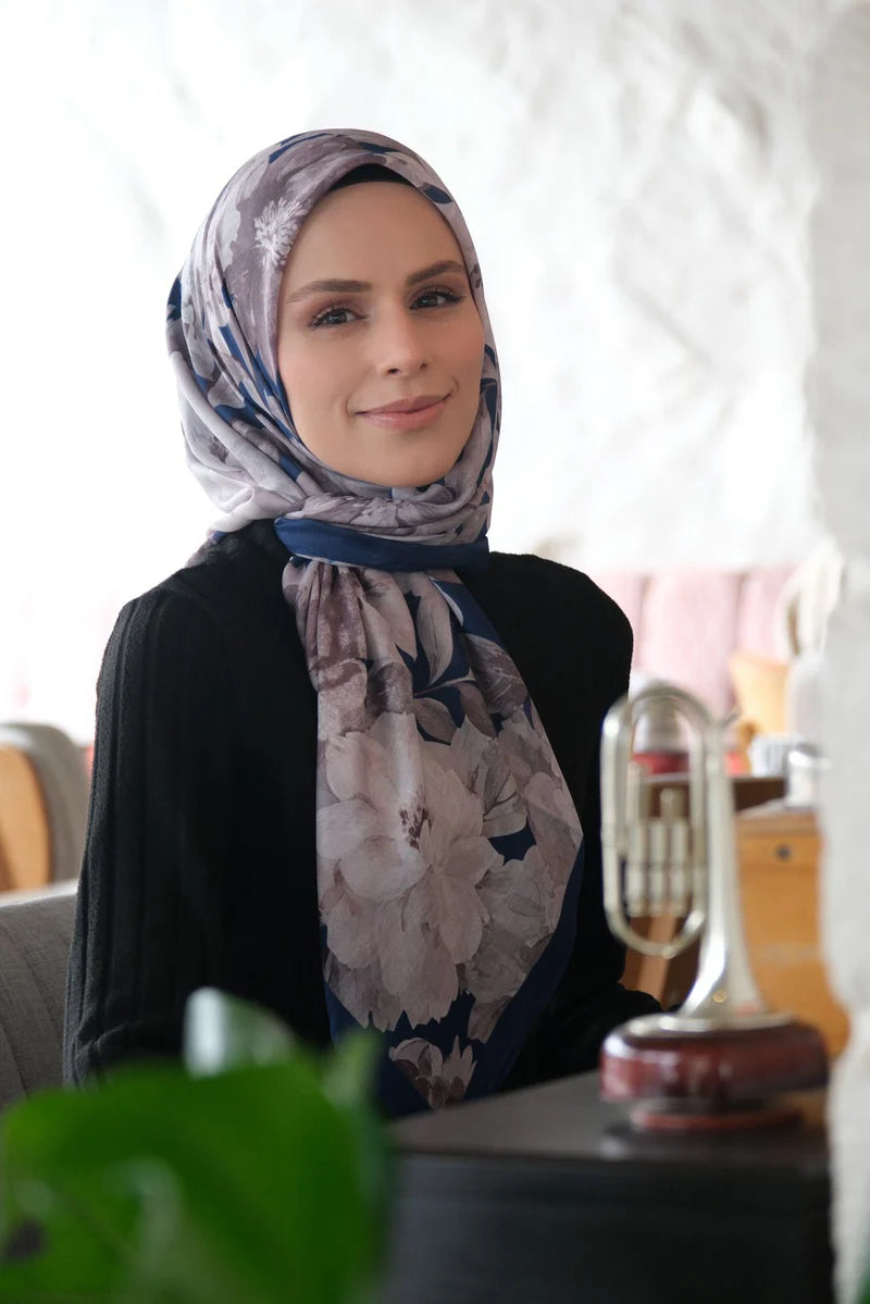 Velvet Bloom Square Scarf - Navy Beige