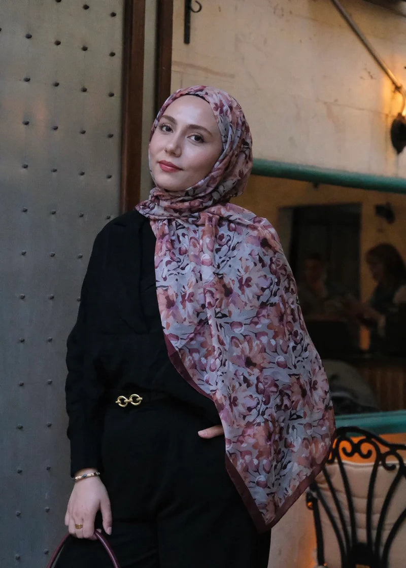 Garden Design Hijab - Burgundy Gray
