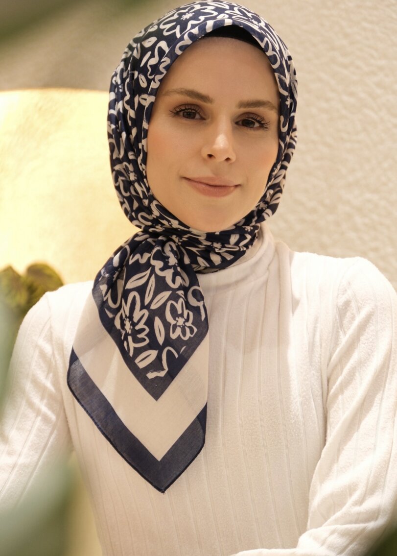 Flora Line Square Scarf - Navy Blue