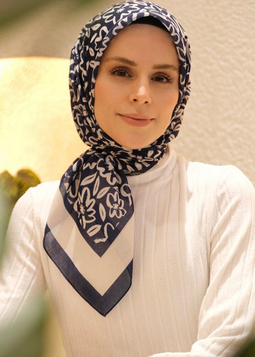 Flora Line Square Scarf - Navy Blue