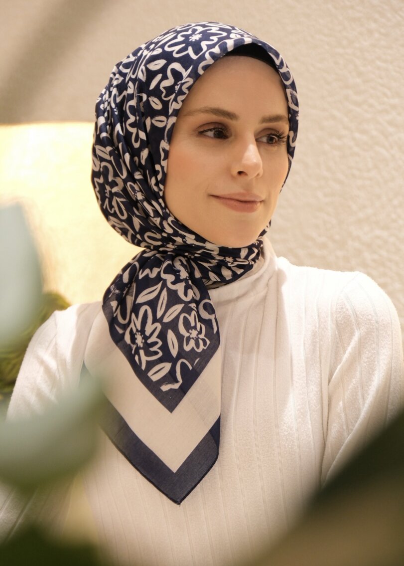 Flora Line Square Scarf - Navy Blue